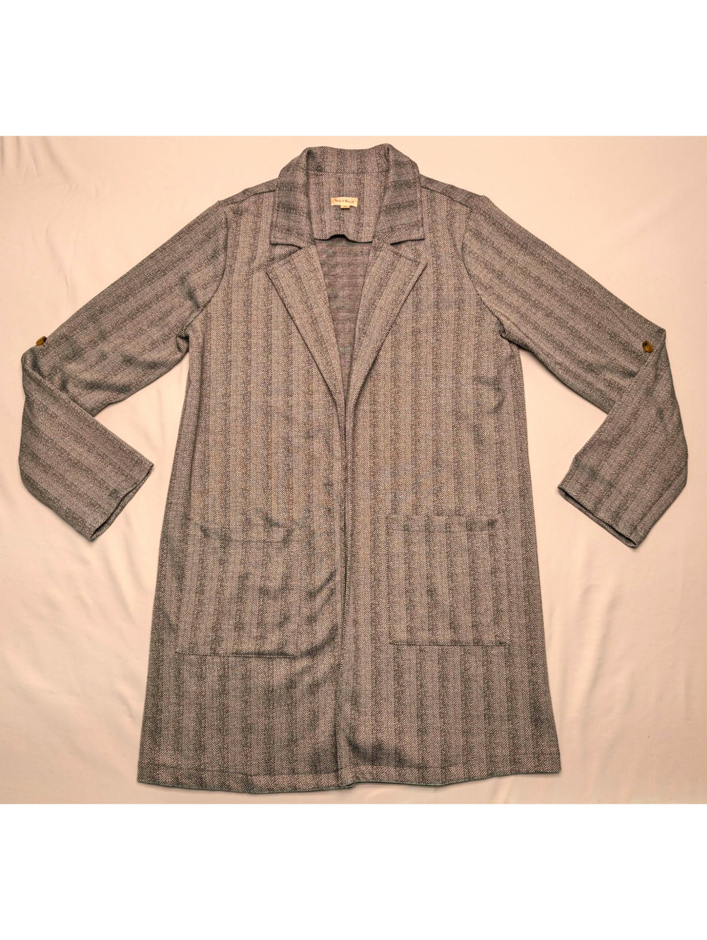 Hem & Thread Black/White Herringbone Open Front Blazer Jacket Roll Tab Sleeve M